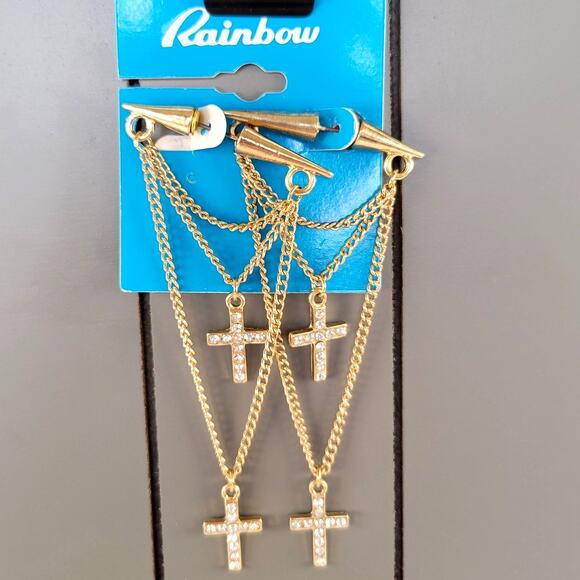 Gold-Tone Multi Cross Layered Chain Pierced Earrings 3.5" Rhinestones Edgy Punk - Picture 1 of 8